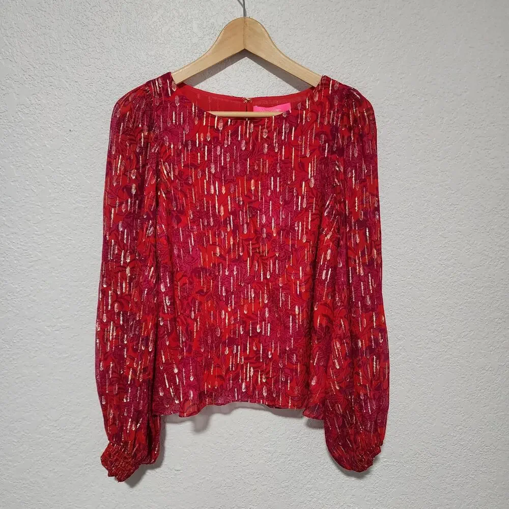 Lilly Pulitzer Metallic Shimmer Floral Puff Sleeve Blouse Top Pink Red Small NWT